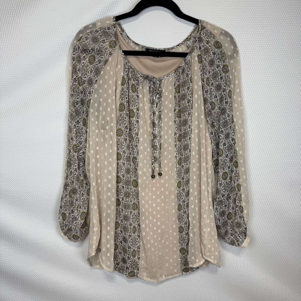 Roz & Ali 2pc. Sz 1X Beige Floral Boho Peasant Sheer Blouse with Tank Tie Neck